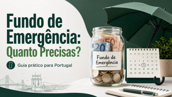 Fundo de emergência: frasco com notas e moedas, calendário e guarda-chuva