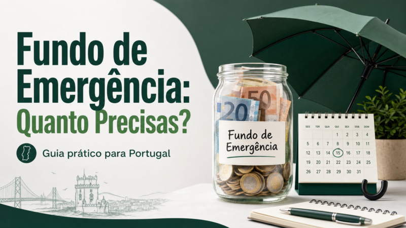 Fundo de emergência: frasco com notas e moedas, calendário e guarda-chuva