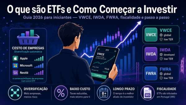 O que são ETFs e como começar a investir: investidor a ver ETFs como VWCE e IWDA no telemóvel
