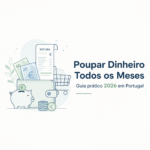 Poupar dinheiro todos os meses: mealheiro, moedas e lista de compras