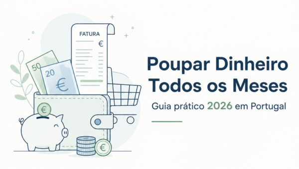 Poupar dinheiro todos os meses: mealheiro, moedas e lista de compras