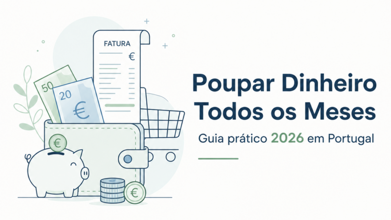 Poupar dinheiro todos os meses: mealheiro, moedas e lista de compras